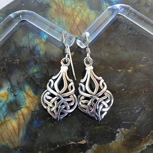 Sterling Silver 925 1.5" Celtic Knot Teardrop Dangle Drop Earrings - Picture 2 of 16
